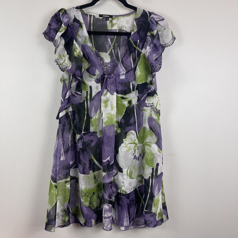 XOXO Women Y2K Floral Top Large Multi Floral Cap Sleeve Sheer 90s Artsy Eclectic